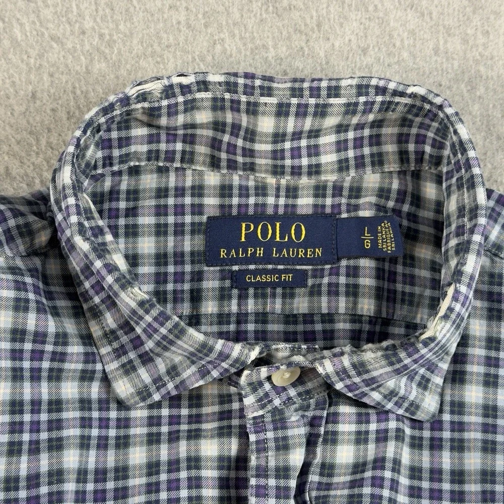 Polo Ralph Lauren Classic Fit Plaid Button Down Shirt Purple Blue LG Cotton NOTE